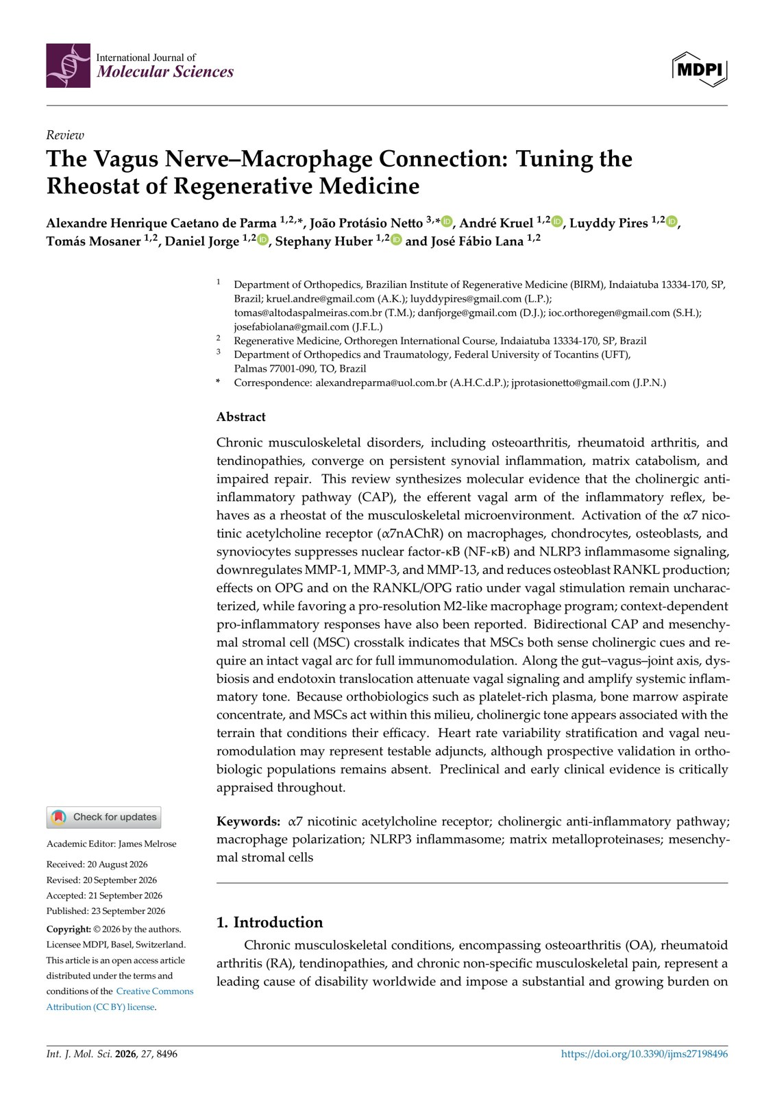 Primeira página da revisão publicada no International Journal of Molecular Sciences em 2026 com coautoria do Dr. João Protásio Netto